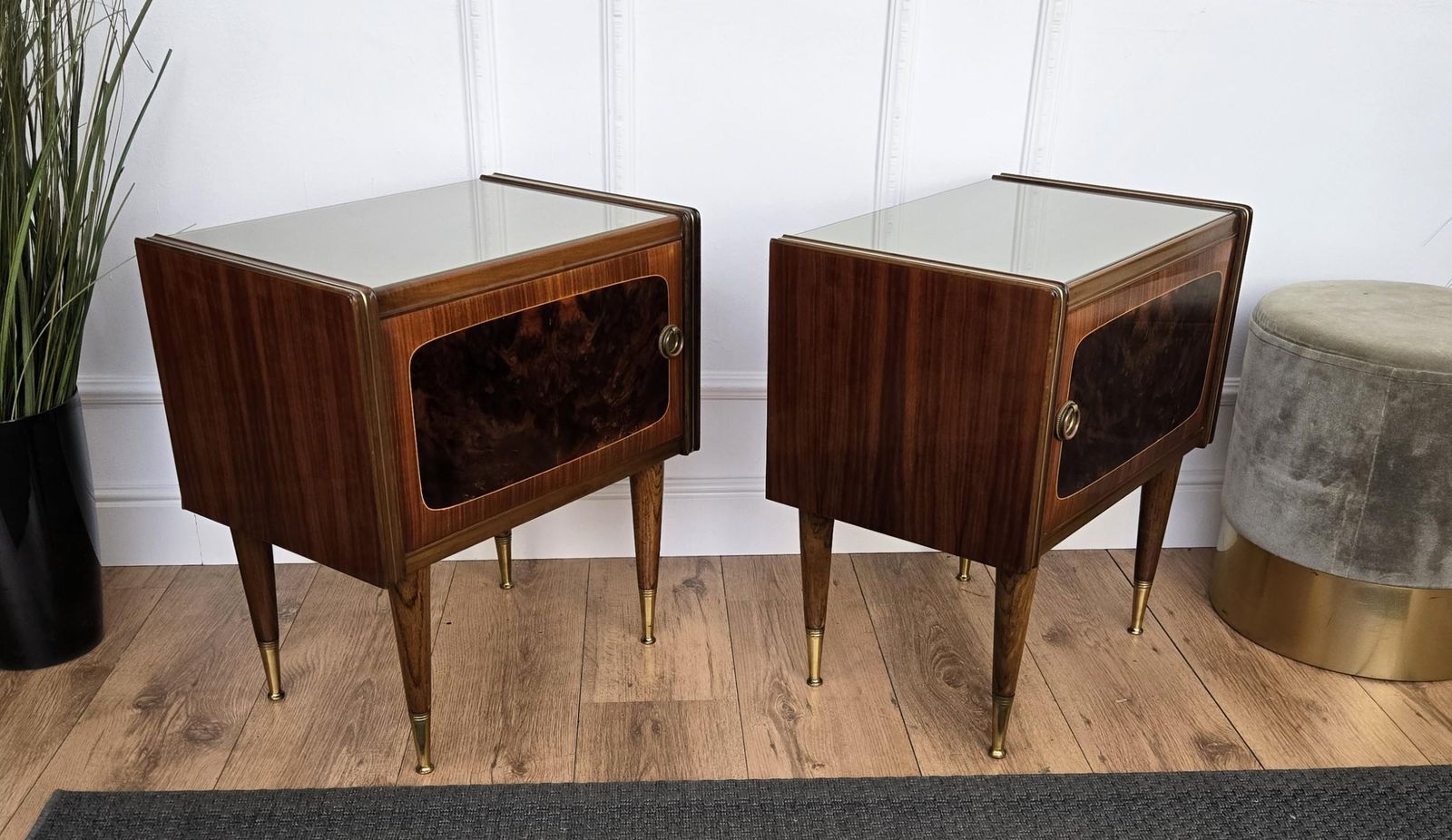Pair Of Mid Century Italian Art Deco Nightstands Bedside Tables Walnut Glass Top photo vintage