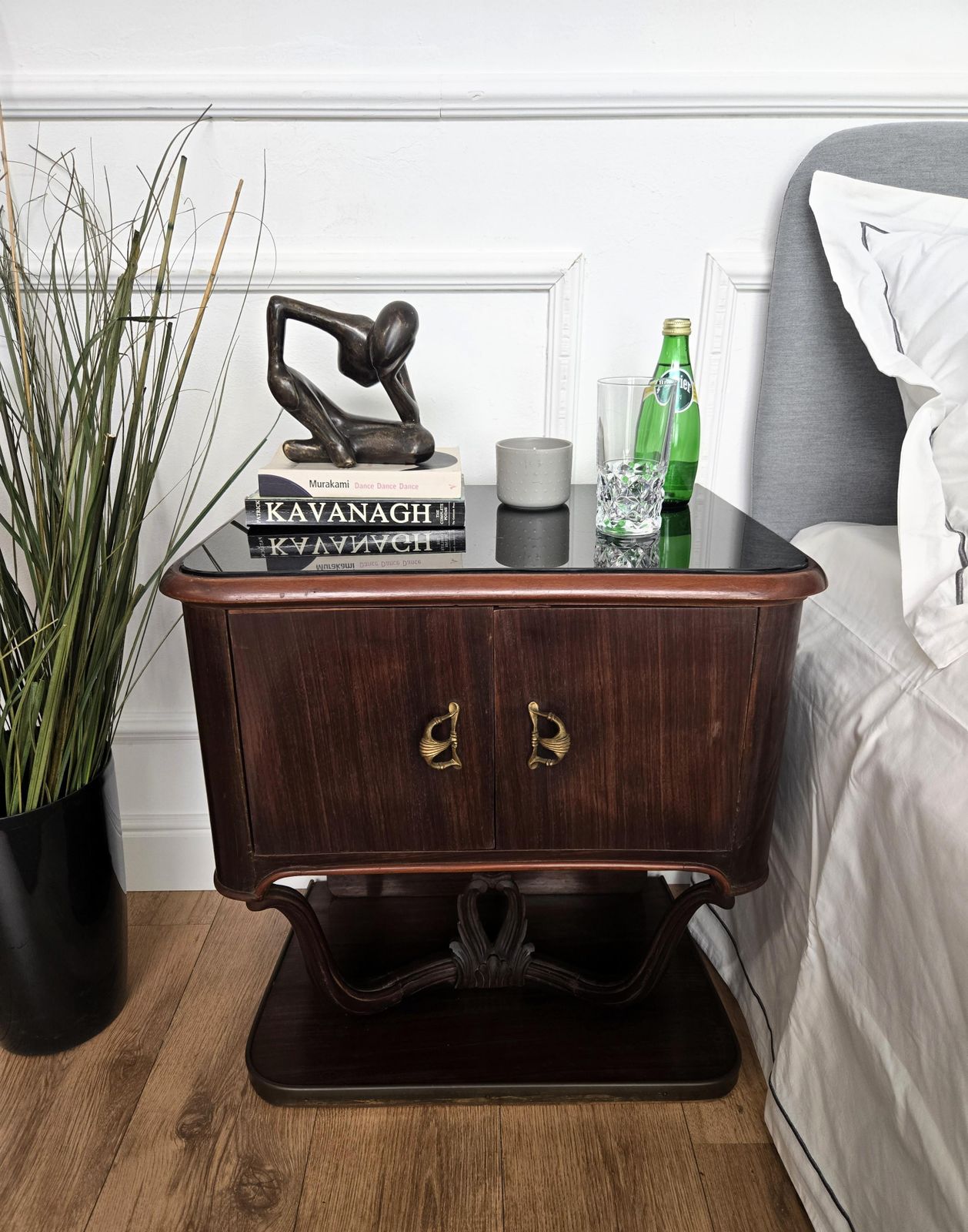 Pair Of Mid Century Italian Liberty Night Stands Bedside Tables Walnut Glass Top photo furniture