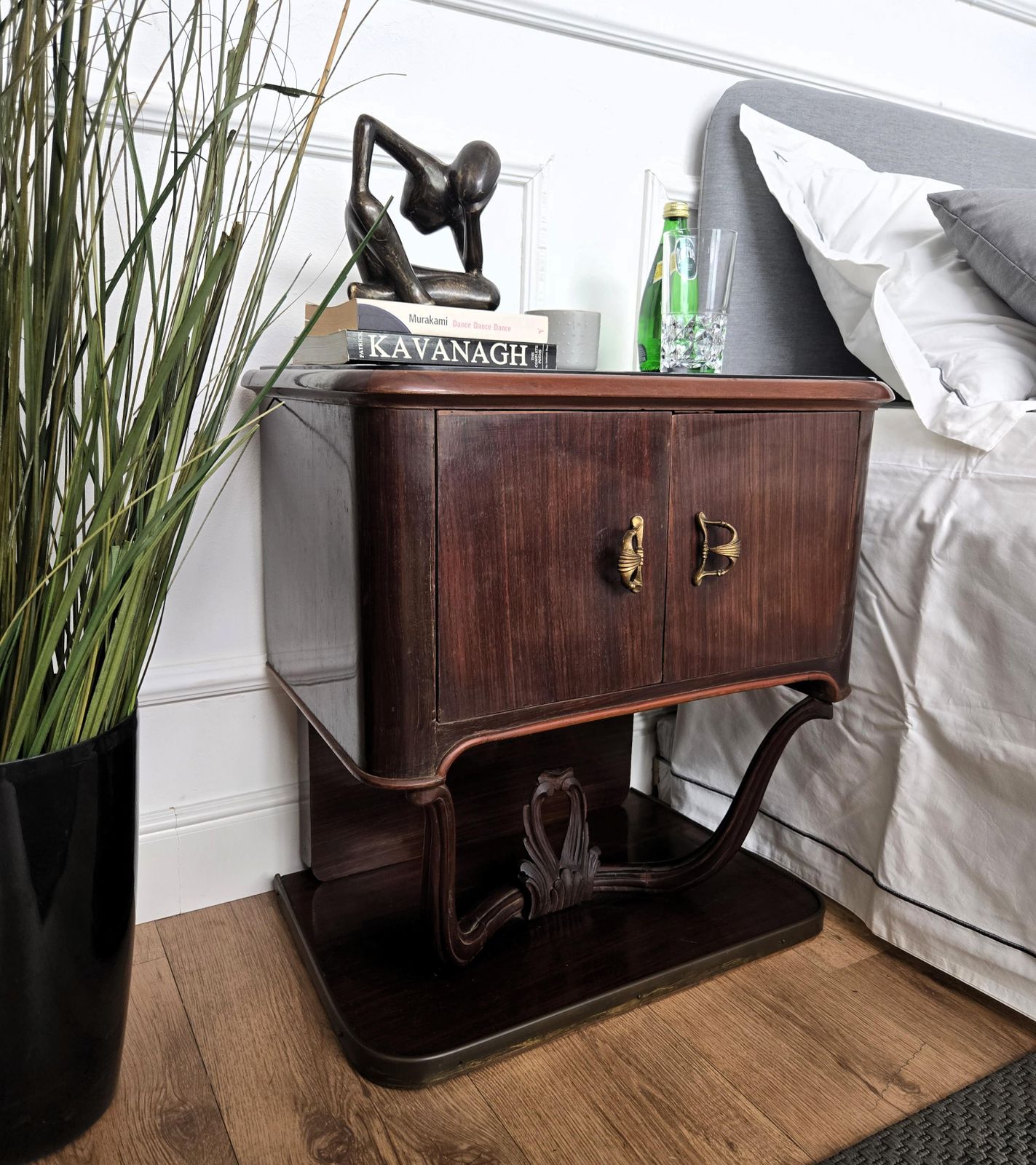 Pair Of Mid Century Italian Liberty Night Stands Bedside Tables Walnut Glass Top photo for sale