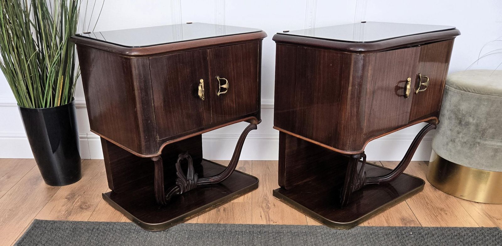 Pair Of Mid Century Italian Liberty Night Stands Bedside Tables Walnut Glass Top photo vintage