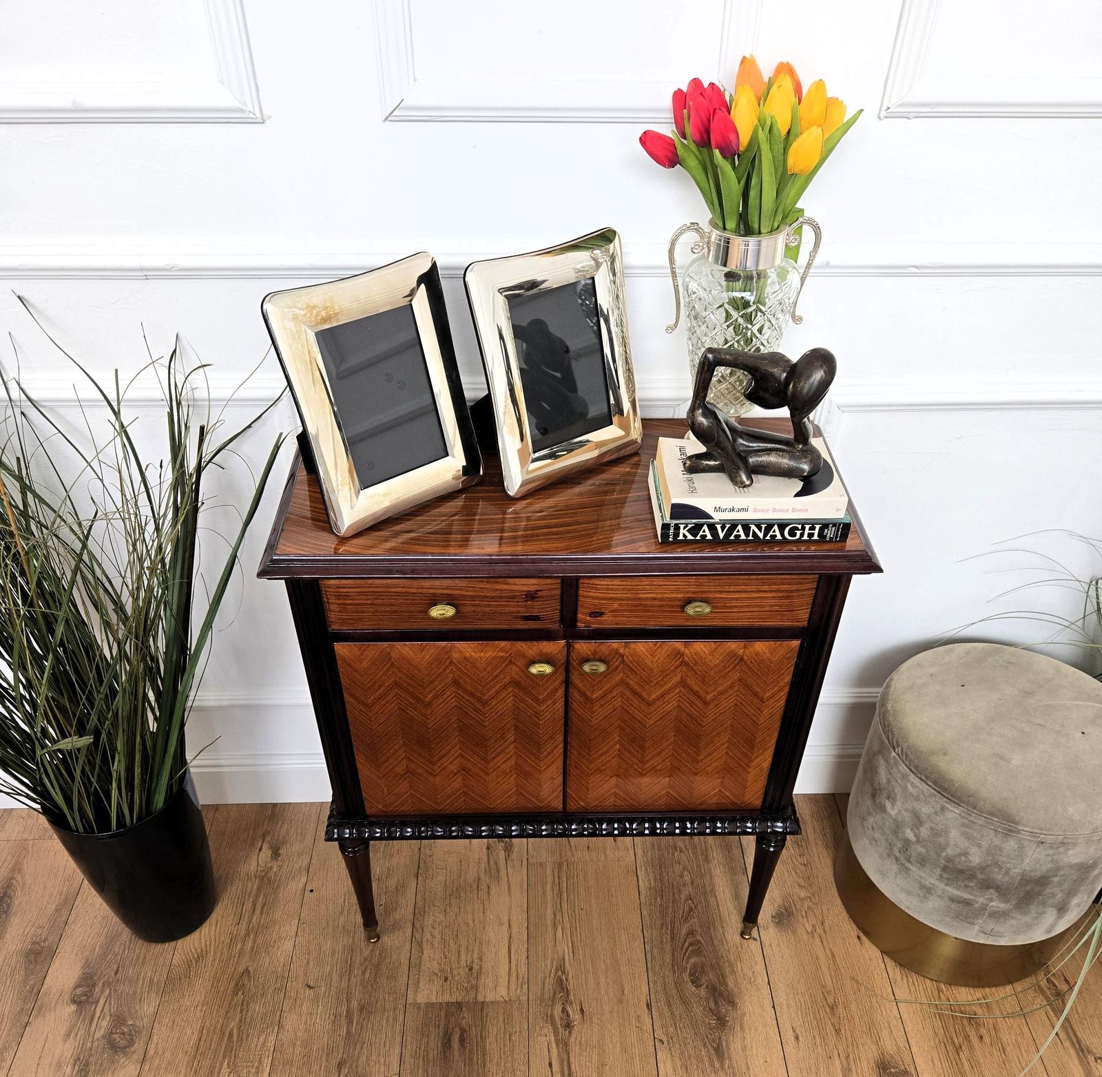 1960s Mid Century Modern Mcm Italian Wood And Brass Entryway Console Cabinet photo Furniture