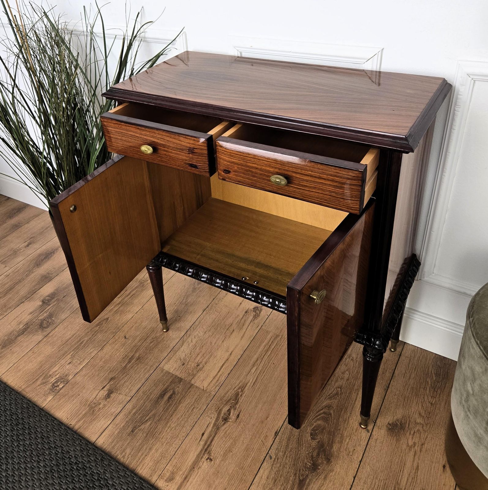 photo for sale 1960s Mid Century Modern Mcm Italian Wood And Brass Entryway Console Cabinet