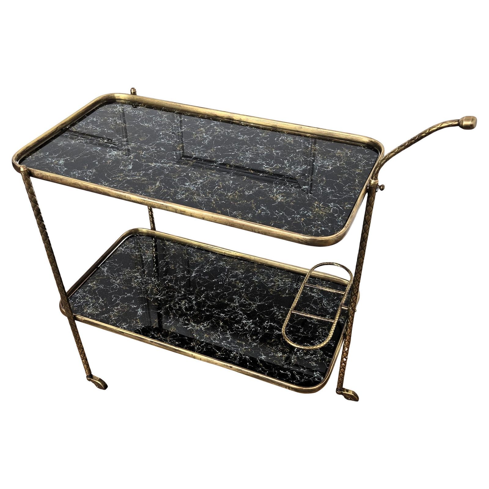 Art Deco Italian Two Tier Gilt Brass And Marble Glass Bar Cart