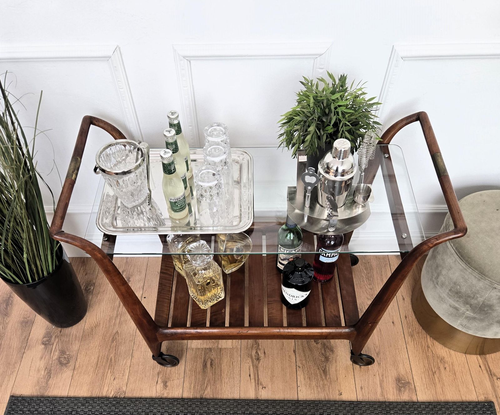 1950s Art Deco Mid Century Italian Wood And Brass Dry Bar Cabinet Liquor Cart photo Furniture