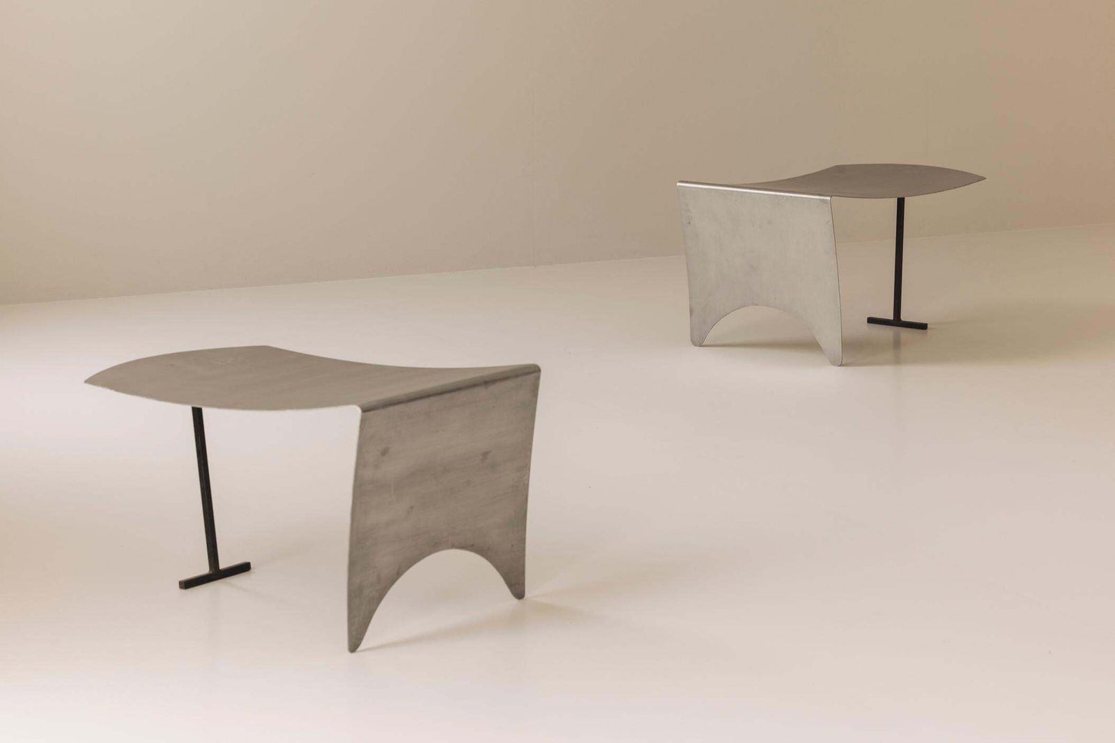 A Striking Set Modernist Curved Metal Stools From France, Dating To The 1980s.