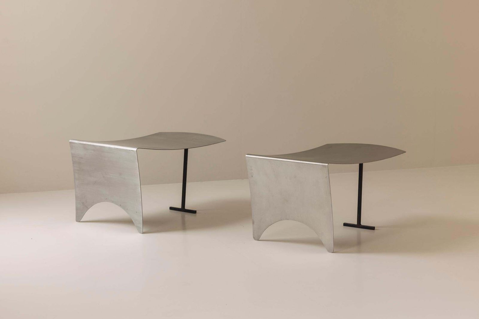 A Striking Set Modernist Curved Metal Stools From France, Dating To The 1980s. photo vintage