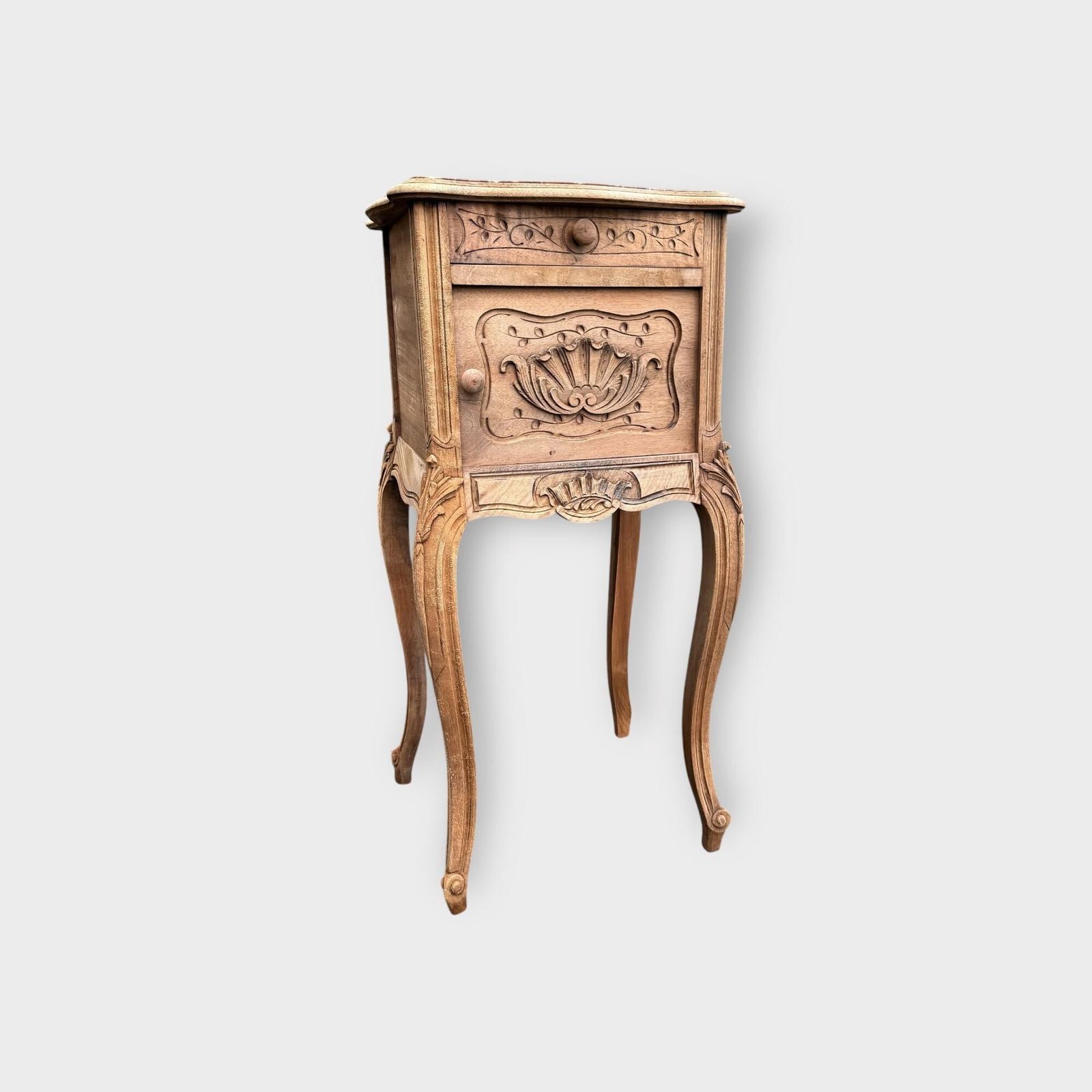 Antique French Stripped Oak Ornate Bedside Table With Marble Inlay Large French Pot Cupboard With Marble Top photo for sale