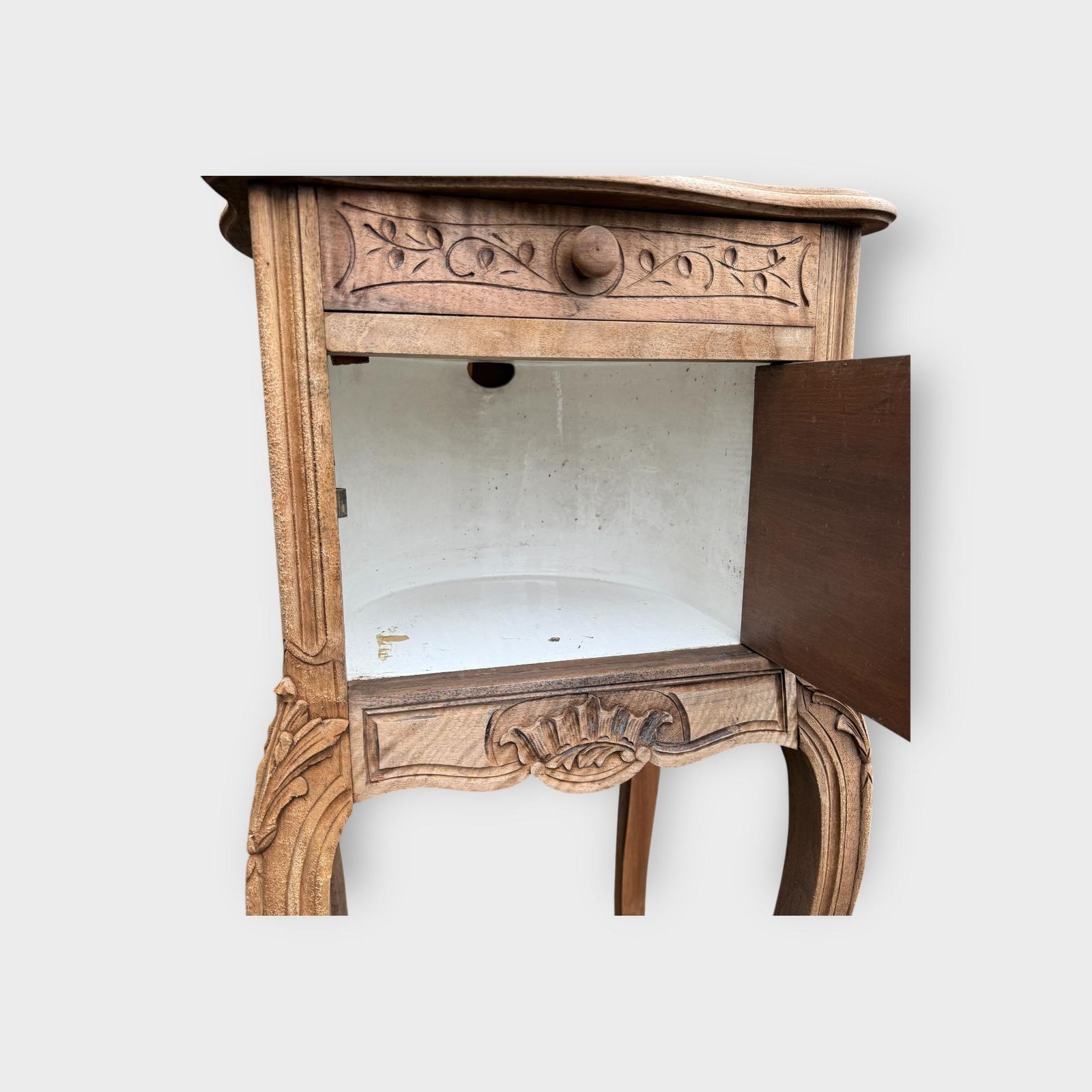 Antique French Stripped Oak Ornate Bedside Table With Marble Inlay Large French Pot Cupboard With Marble Top photo vinterior
