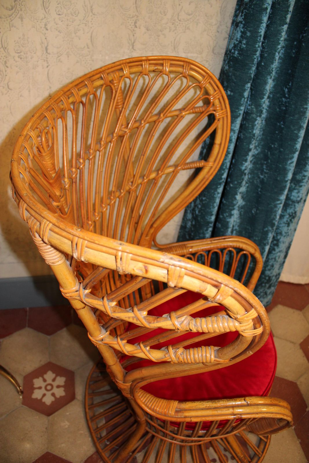 Italian Bamboo Armchair From 1950s Lio Carminati Red Velvet Cushion photo vinterior