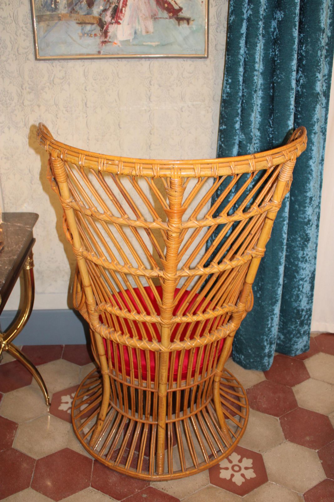 photo furniture Italian Bamboo Armchair From 1950s Lio Carminati Red Velvet Cushion
