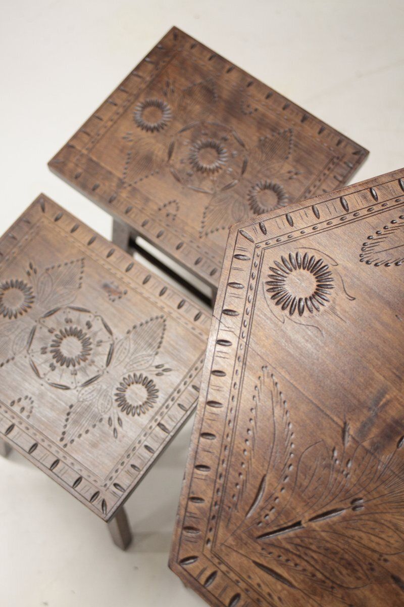 Hand Carved Folk Table And Stools, Former Czechoslovakia, 1960s, Set Of 3 photo for sale