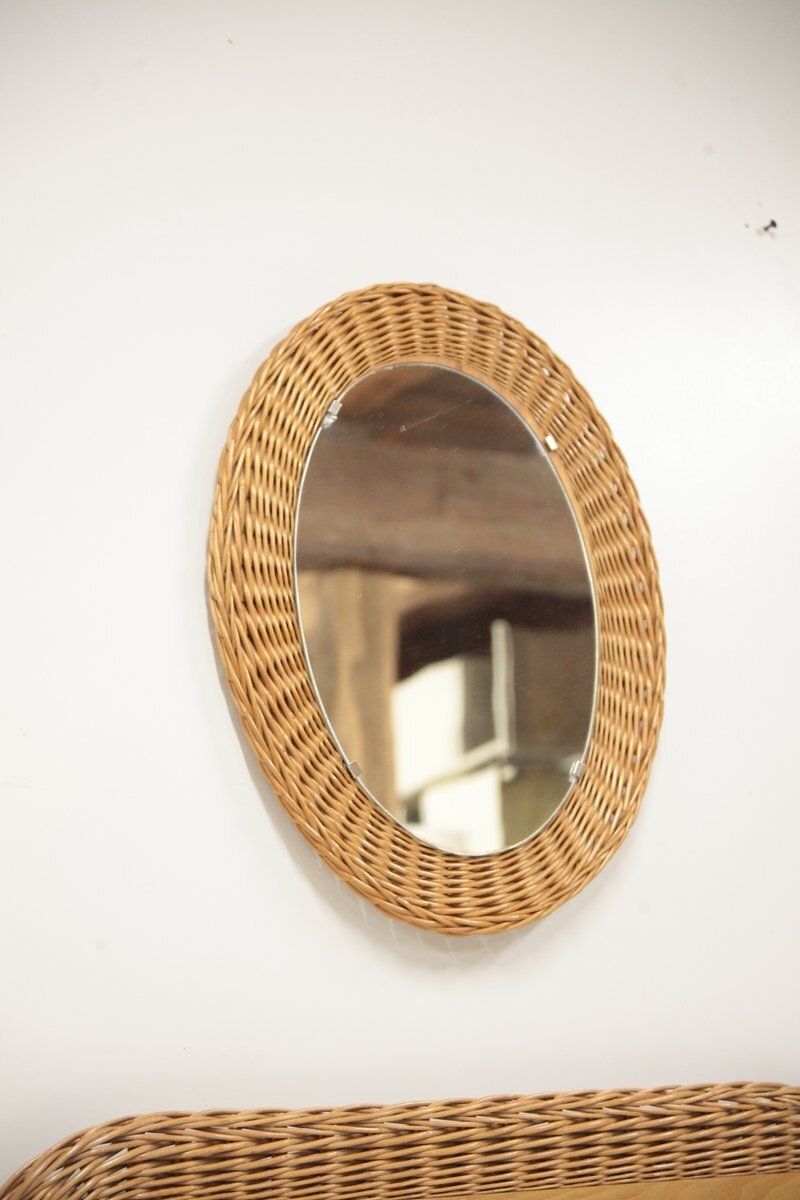 Mid Century Wicker Set Of Stool, Mirror And Coat Hanger, Former Czechoslovakia, 1970s, Set Of 3 photo for sale