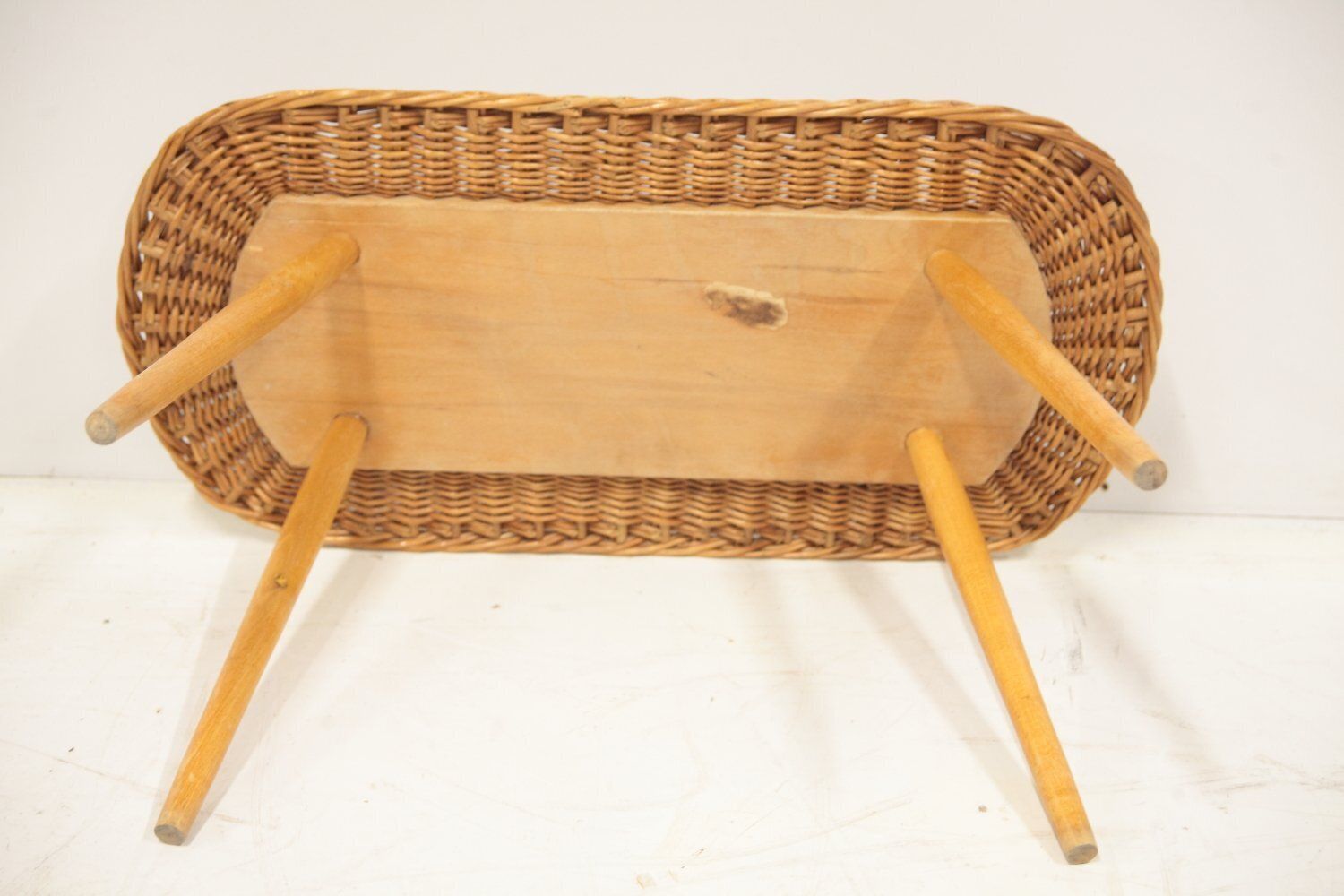 Mid Century Wicker Set Of Stool, Mirror And Coat Hanger, Former Czechoslovakia, 1970s, Set Of 3 photo vintage