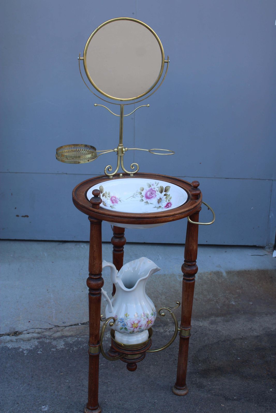 Basin With Cabinetand Mirror For Bathroom Or Bedroom In Walnut Wood And Brass photo furniture