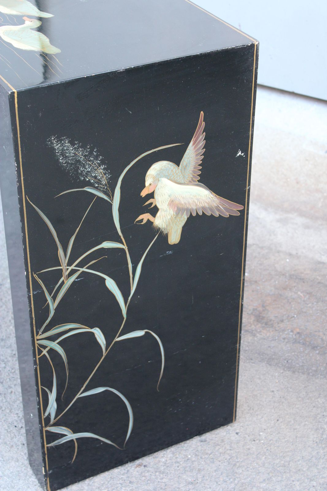Chinese Lacquer Decorative Console With Plants And Anare Green Color 1970s photo vinterior