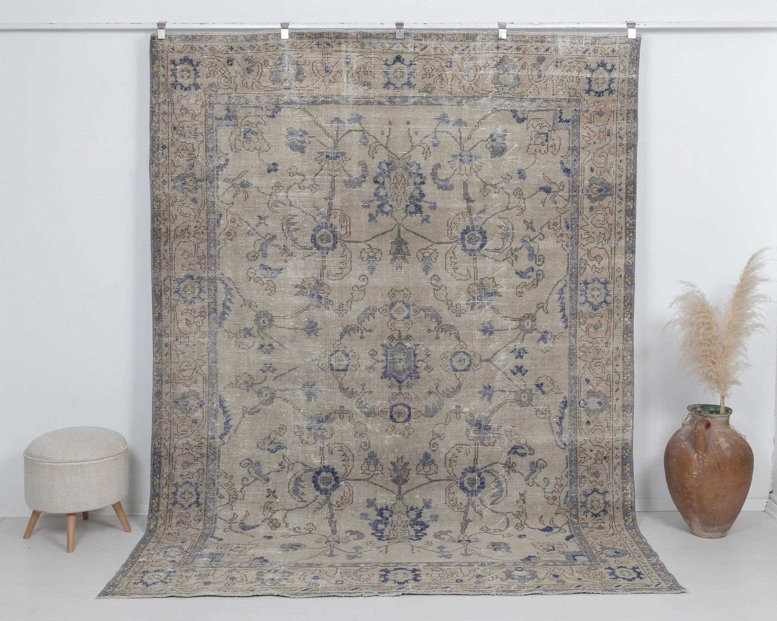 7x10 Vintage Rug, Turkish Rug Blue Beige Floral, Large Handmade Wool Area Carpet