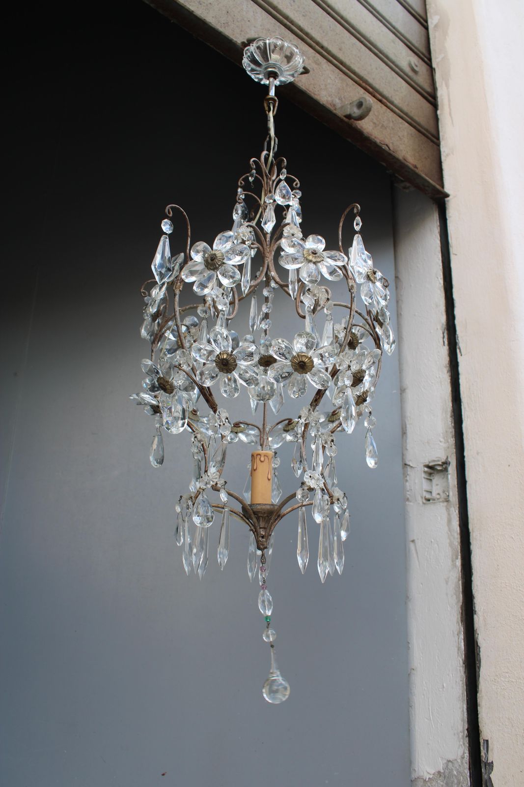 Decorative French Metal And Crystal Laterna 1950 Made In France photo 743.0