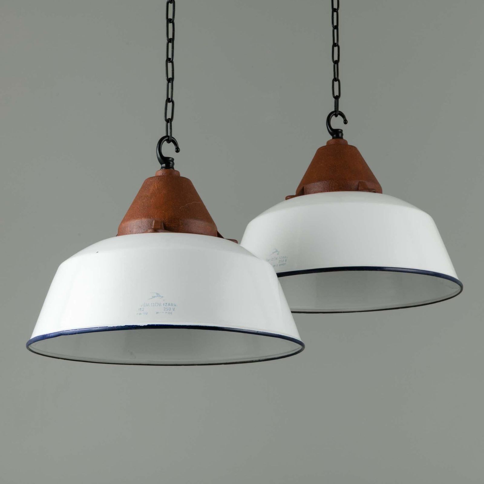 Hungarian Industrial White Enamel Factory Pendant Lights, 1950s photo Lighting