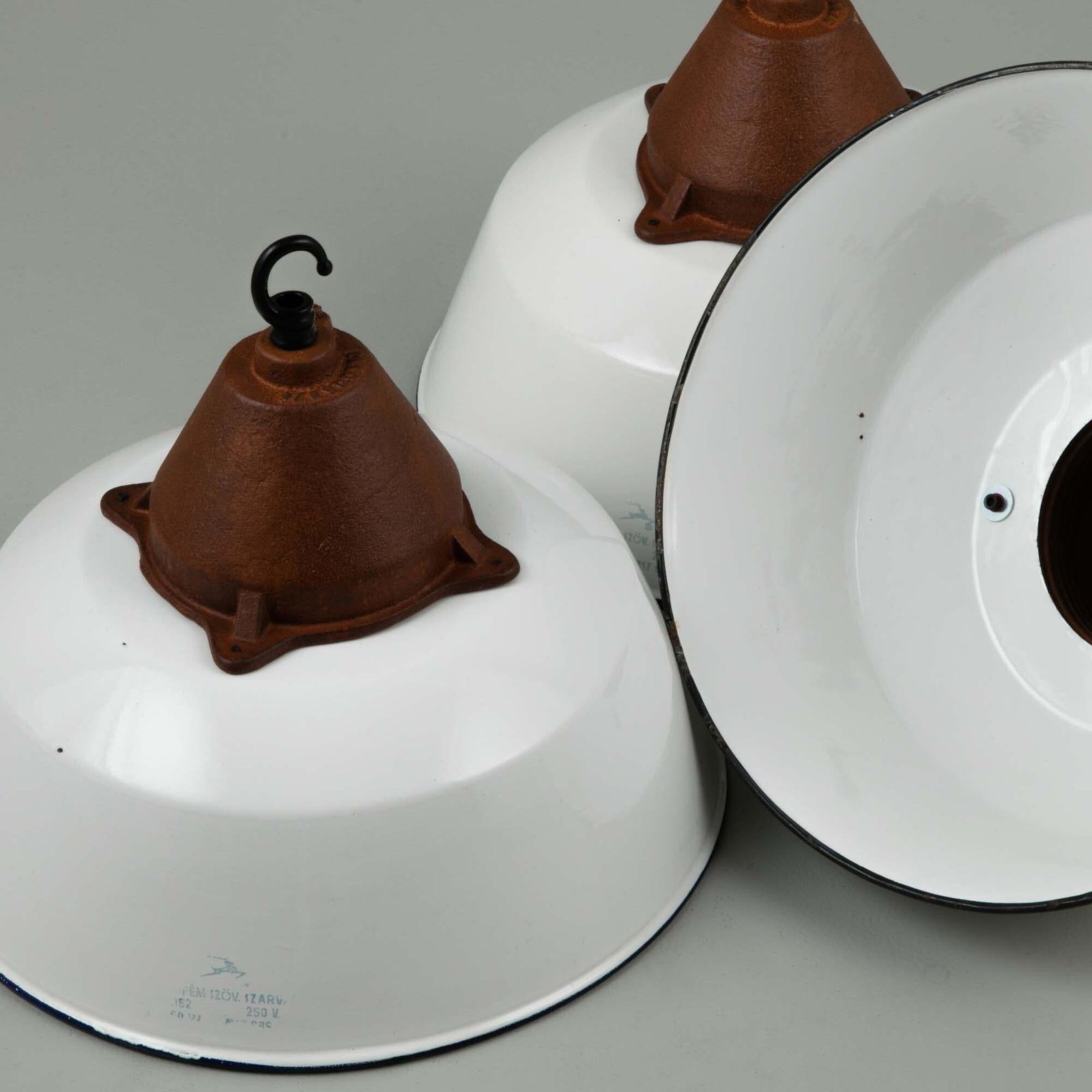 Hungarian Industrial White Enamel Factory Pendant Lights, 1950s photo vinterior
