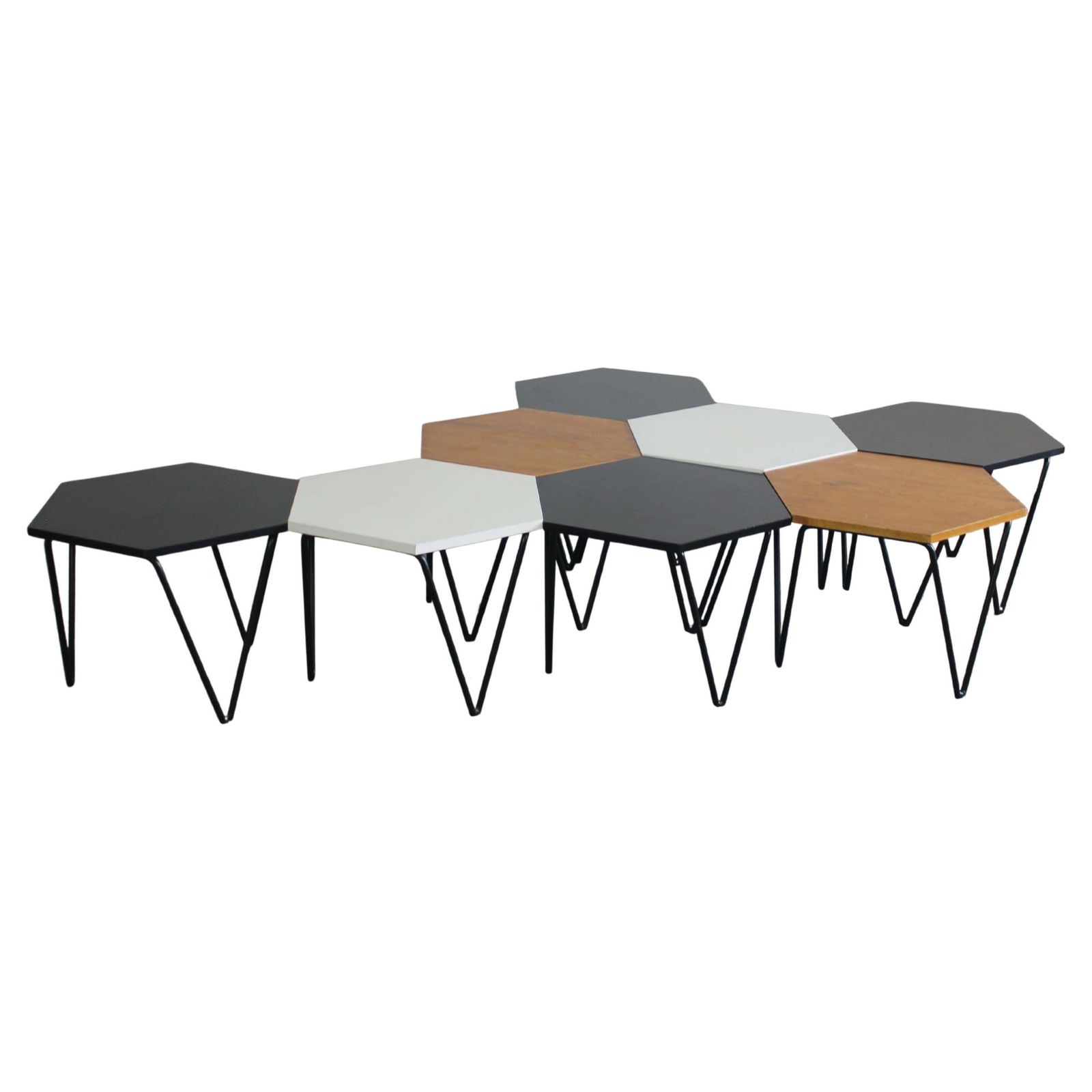 Gio Ponti Set Of Eight Hexagonal Coffee Tables In Wood And Metal I.S.A. 1950s