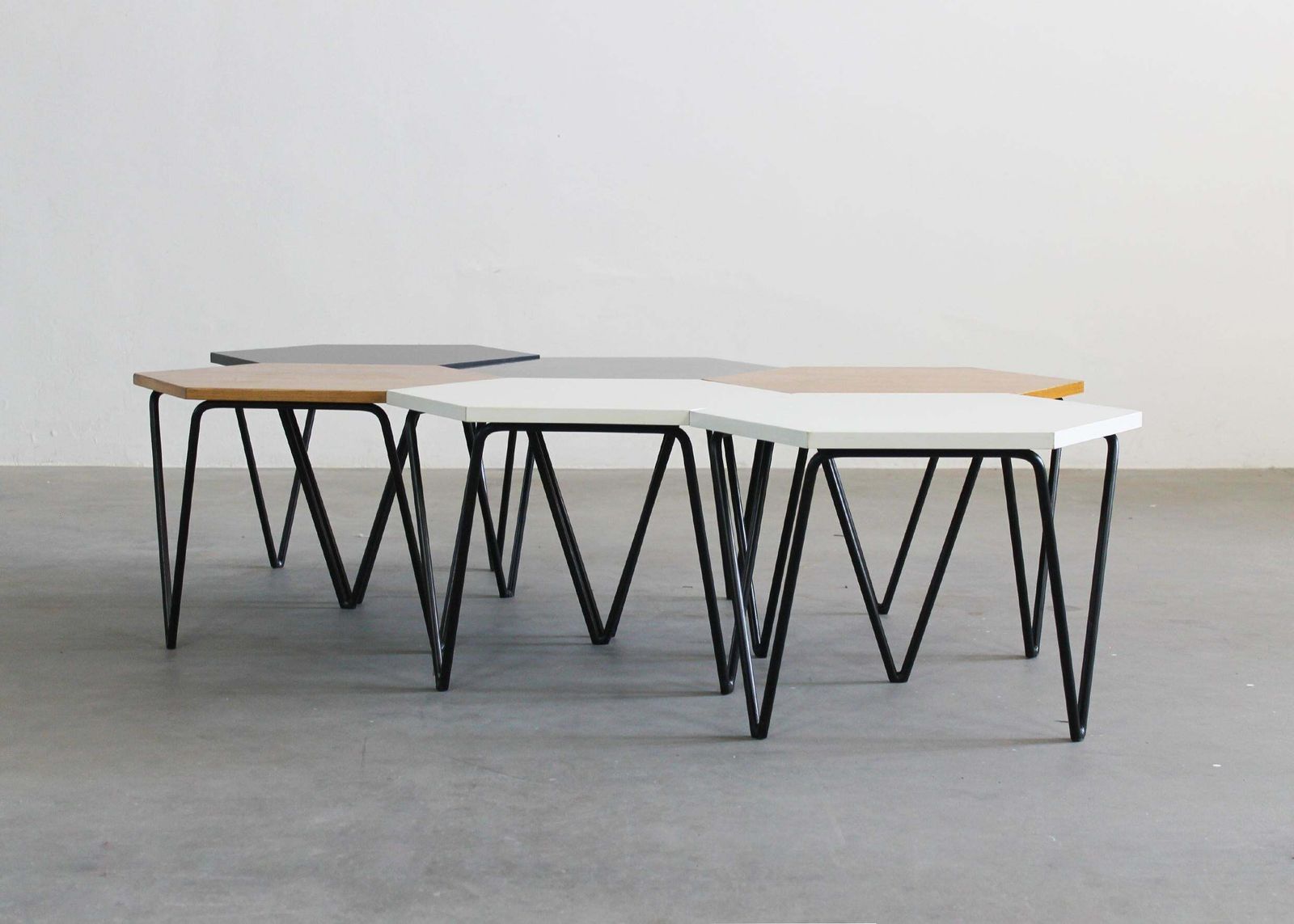photo for sale Gio Ponti Set Of Six Hexagonal Coffee Tables In Wood And Metal I.S.A. 1950s