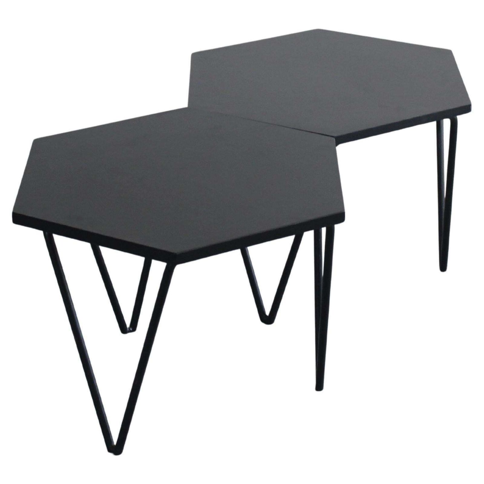 Gio Ponti Set Of Two Hexagonal Coffee Tables In Wood And Metal I.S.A. 1950s
