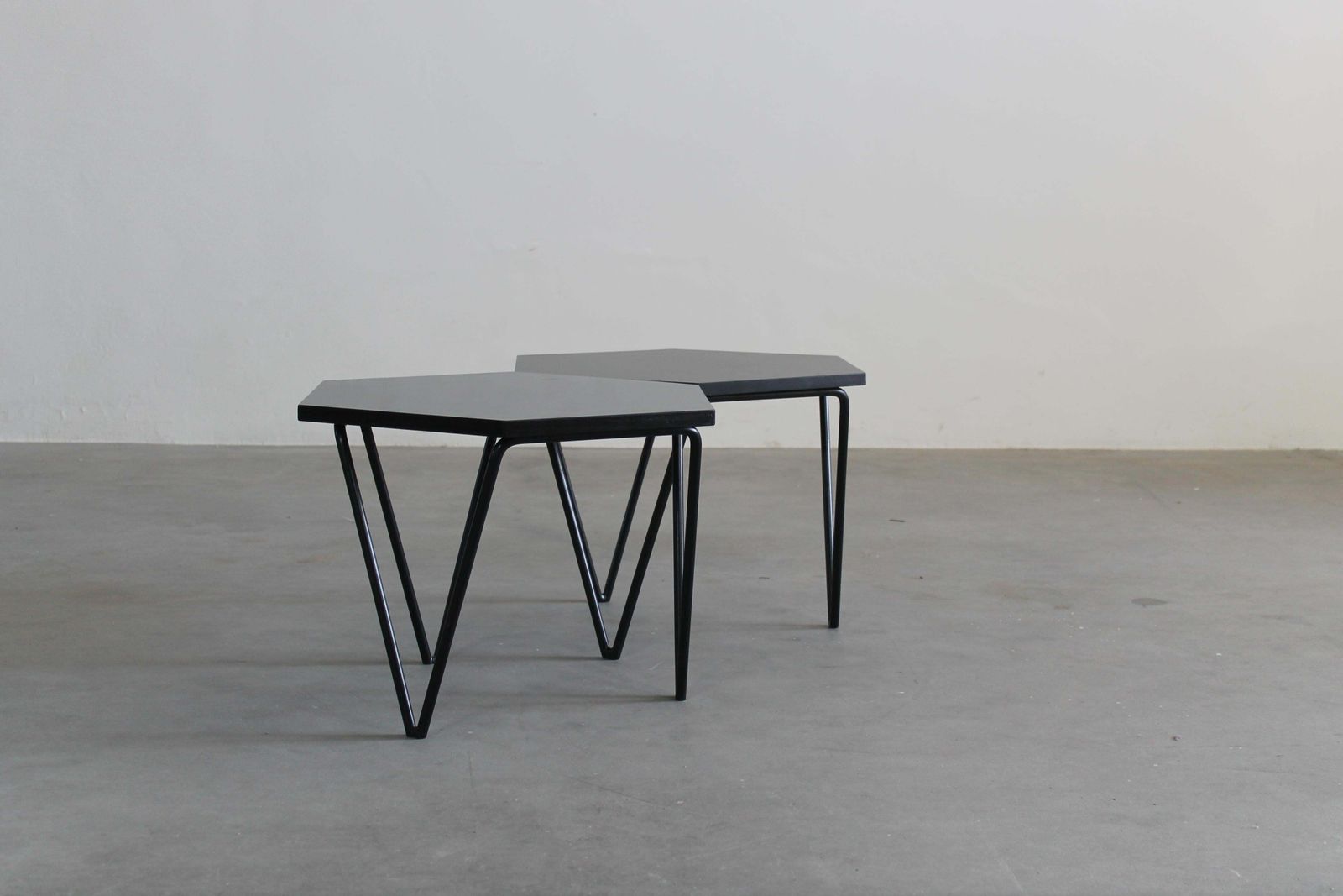 Gio Ponti Set Of Two Hexagonal Coffee Tables In Wood And Metal I.S.A. 1950s photo for sale