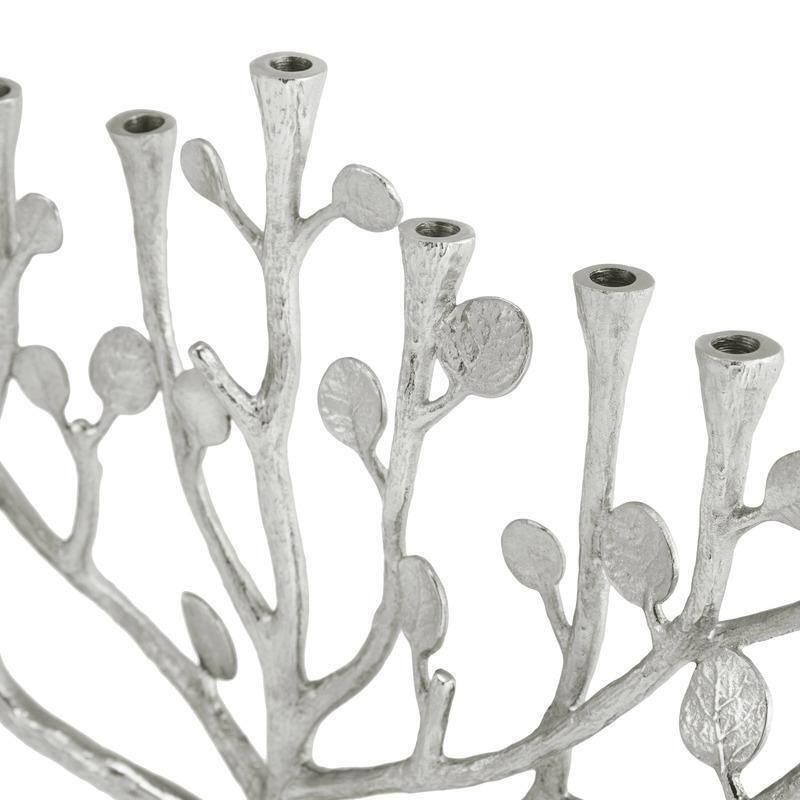 Contemporary Silver Toned Botanical Leaf Menorah In Sculpted Metal photo furniture