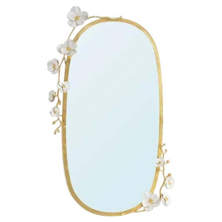 Contemporary Gilt Brass Orchid Vanity Mirror With Enamel Flowers