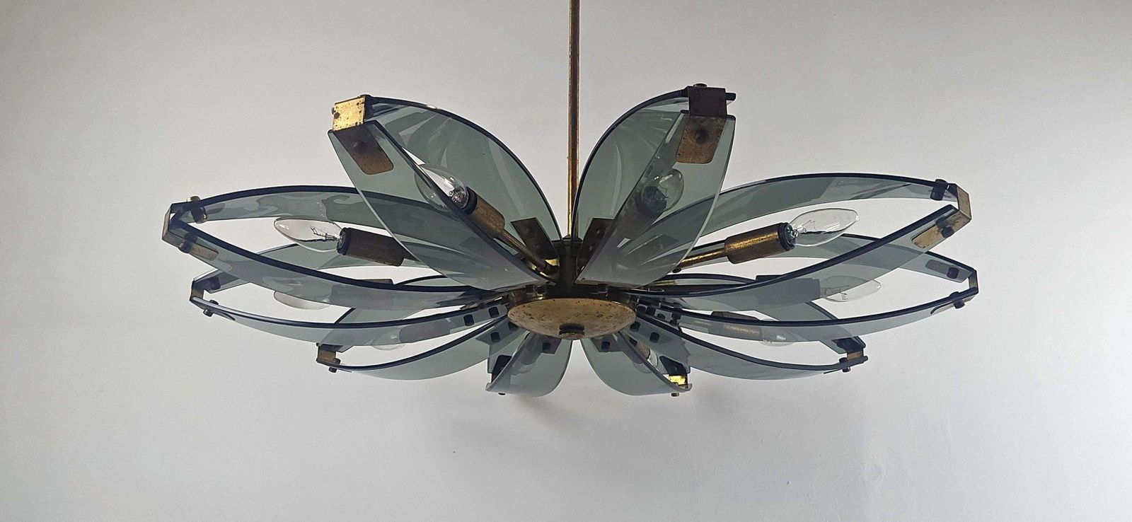 Italian Mid Century Modern Brass And Glass Chandelier, Attr. To Fontana Arte photo for sale