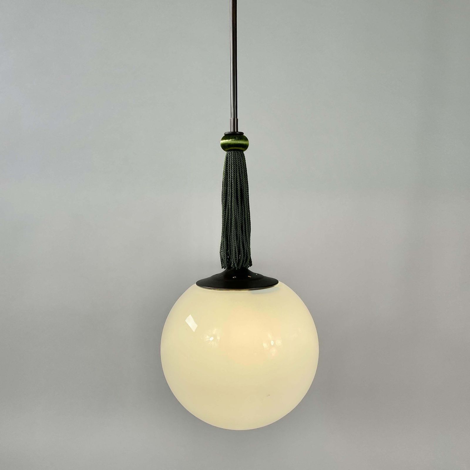 Opaline Glass & Burnished Brass Ball Pendants With Tassel, Germany 1930s photo vinterior