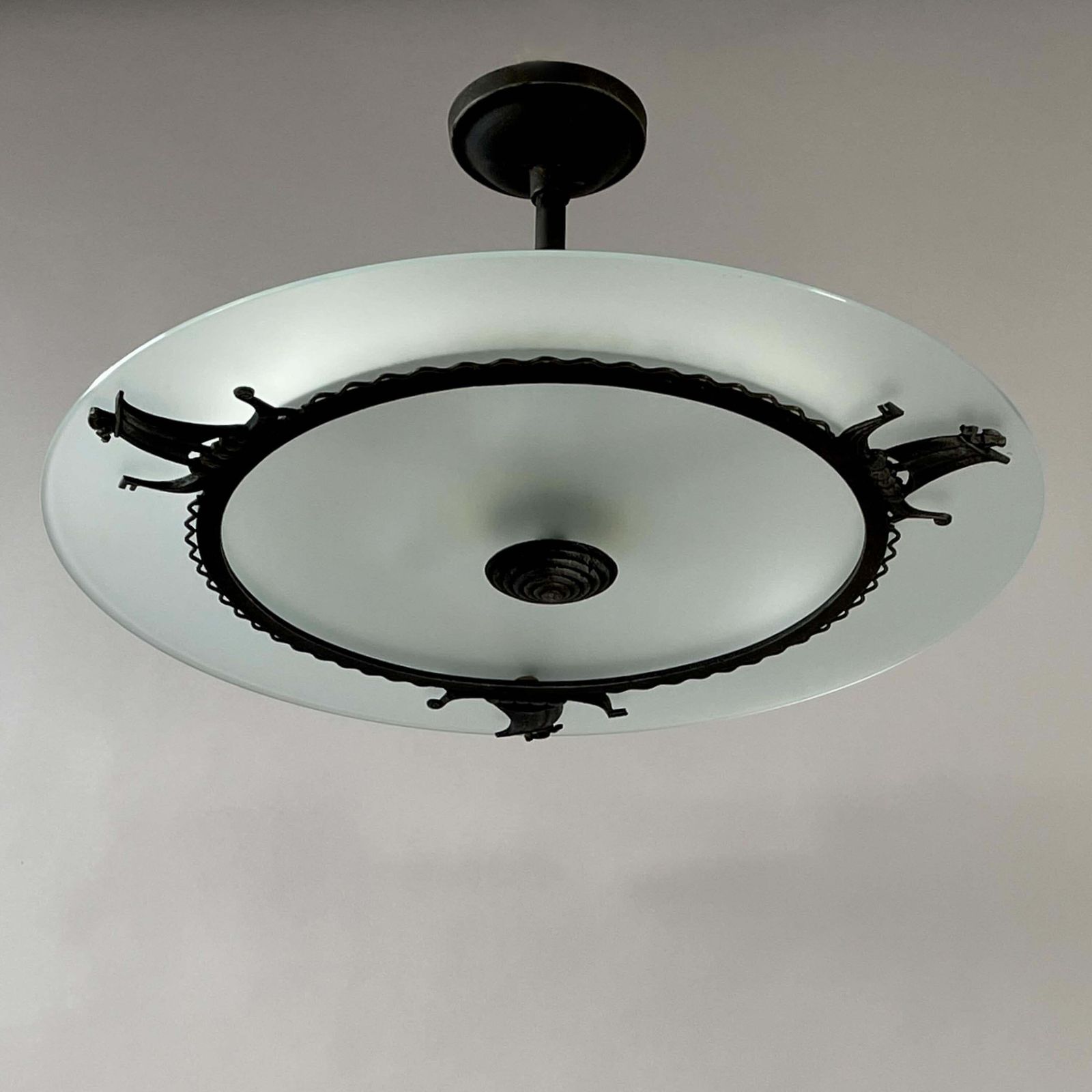Patinated Iron, Glass & Parchment Ceiling Light By Bjerkås Armatur, Sweden 1940s photo for sale
