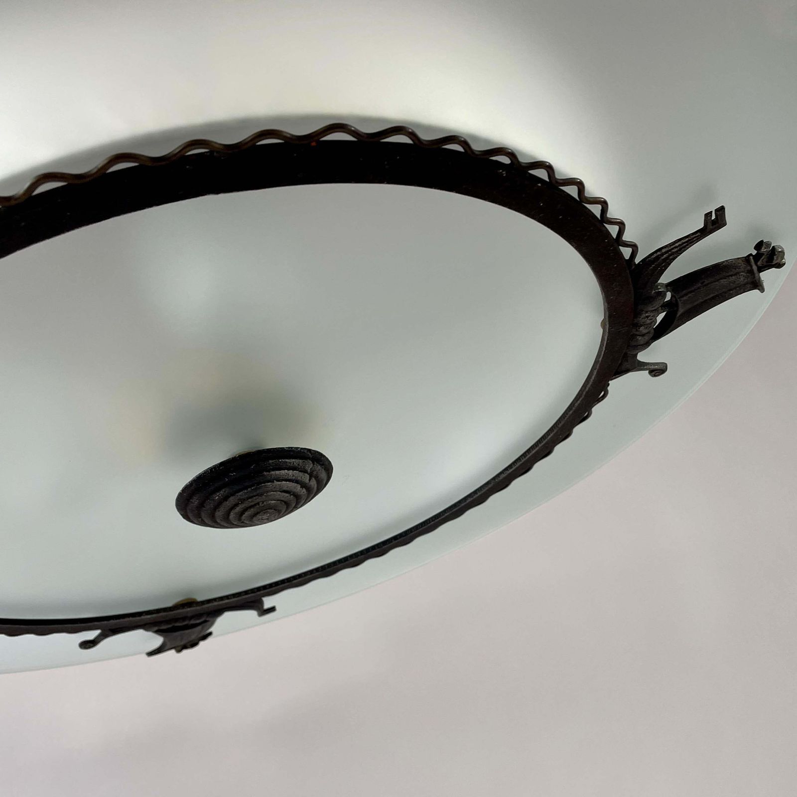 Patinated Iron, Glass & Parchment Ceiling Light By Bjerkås Armatur, Sweden 1940s photo buy