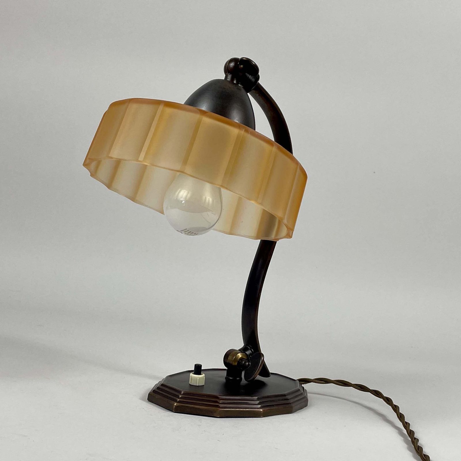 Bronzed Brass & Havanna Glass Table Lamp, Sweden 1920s To 1930s photo vintage