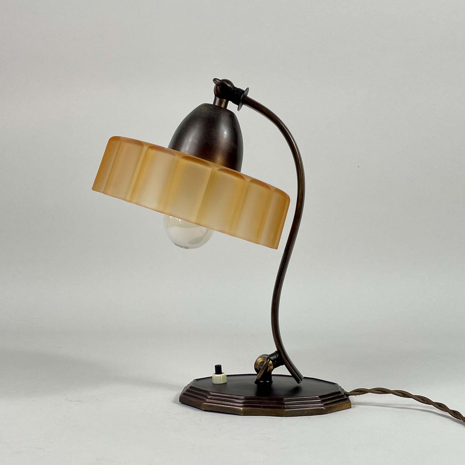 1063.0 Bronzed Brass & Havanna Glass Table Lamp, Sweden 1920s To 1930s photo