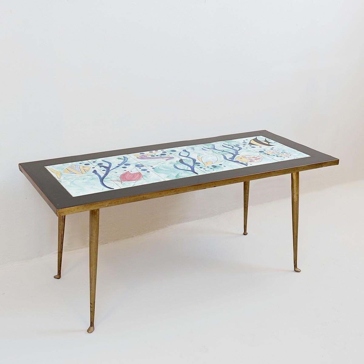 1950s French Ceramic Topped Coffee Table Signed C. De Savigny photo furniture