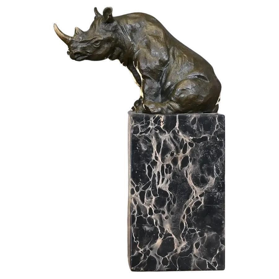 Rhinoceros Statuette In Antique Bronze On Marble Base, Barye Style