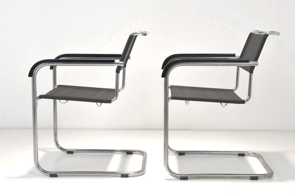 B34 Armrest Cantilever Chairs In Iron Yarn Covering And Steel Tube By Marcel Breuer For Thonet, Germany, 1928, Set Of 2 photo furniture