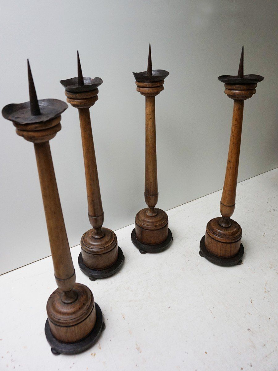 Large Antique French Wooden Candlesticks, 19th Century, Set Of 4