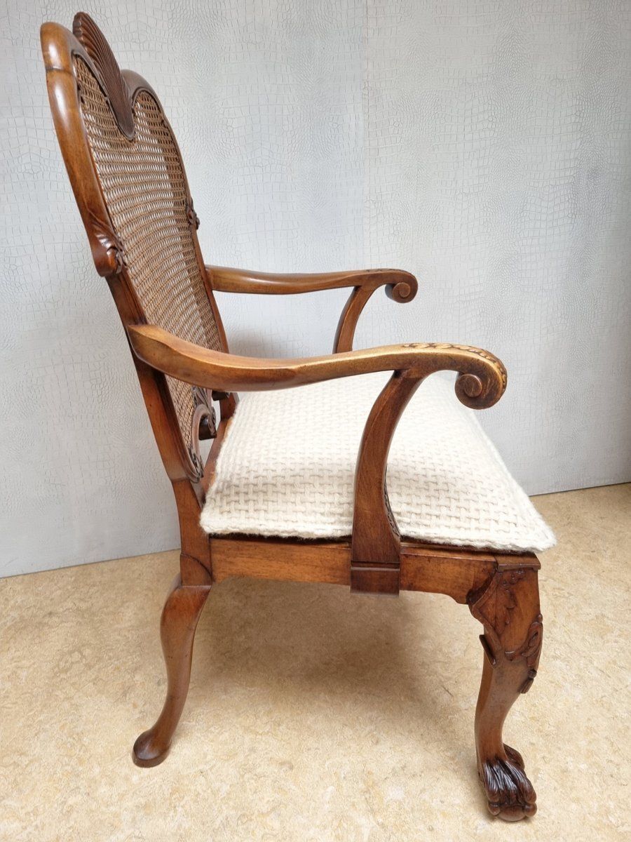 Chippendale Bergere Armchair In Carved Mahogany With Caned Backrest And Lion's Claw And Ball photo Furniture