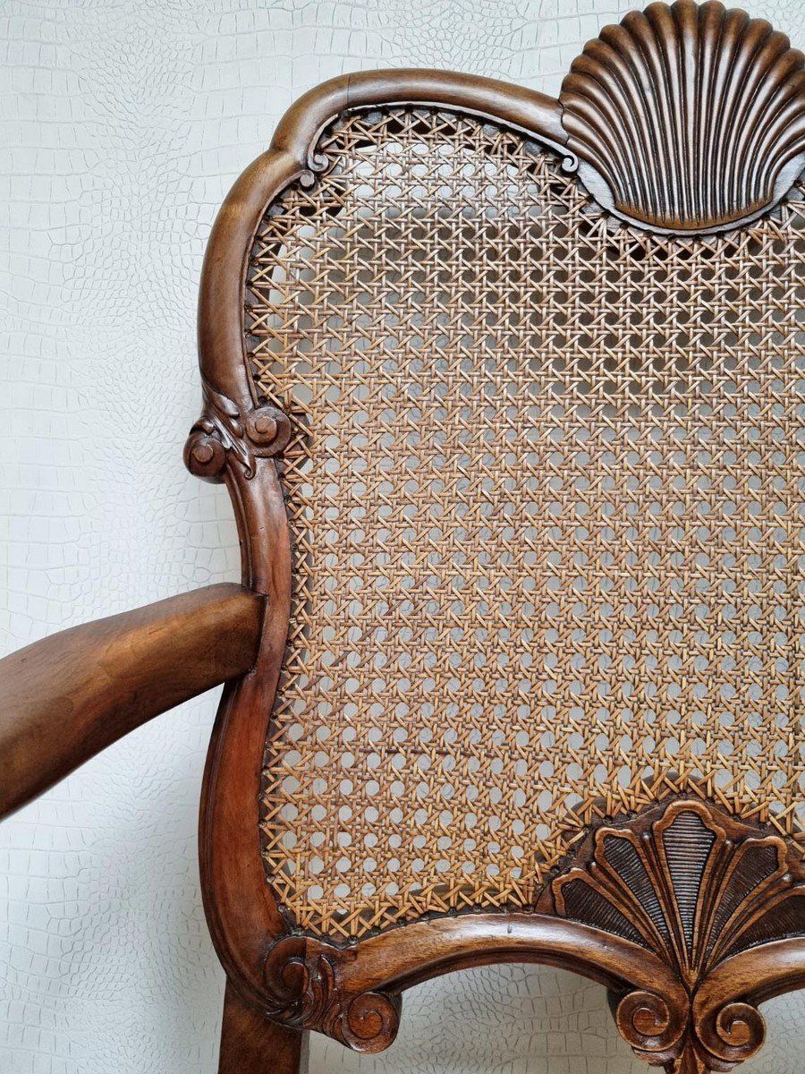 photo furniture Chippendale Bergere Armchair In Carved Mahogany With Caned Backrest And Lion's Claw And Ball