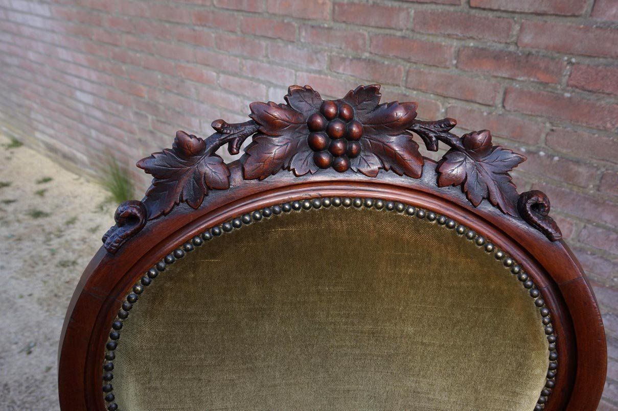 Biedermeier Mahogany Armchair With Carved Grapes And Leaves Decoration On Top, 1870s photo furniture