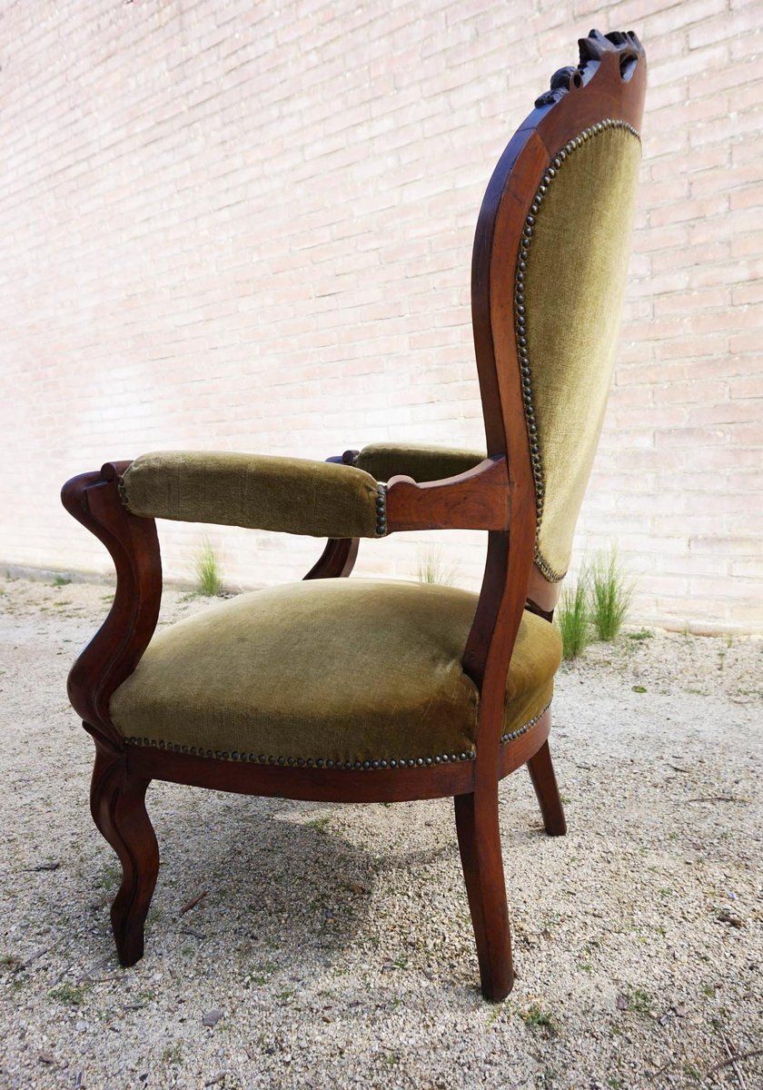 photo for sale Biedermeier Mahogany Armchair With Carved Grapes And Leaves Decoration On Top, 1870s