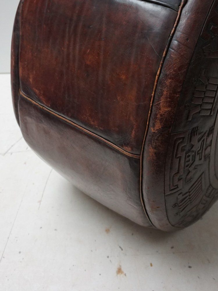 Round Saddle Leather Ottoman With Reliëf Mayan Motifs From Angel Pazmino, 1970s photo vinterior