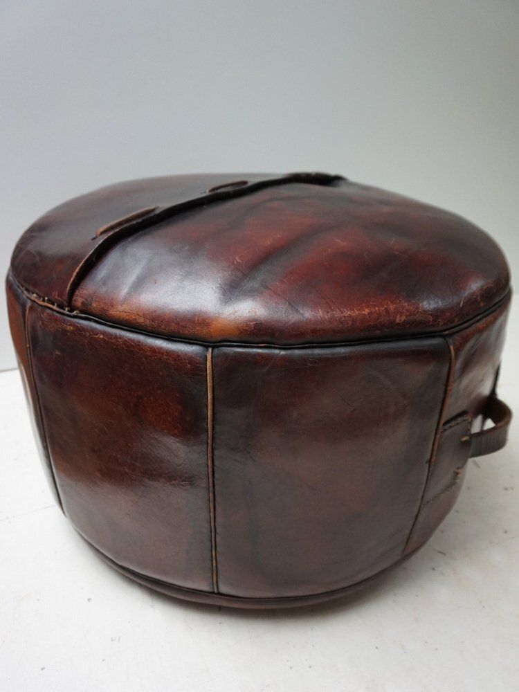 Round Saddle Leather Ottoman With Reliëf Mayan Motifs From Angel Pazmino, 1970s photo buy