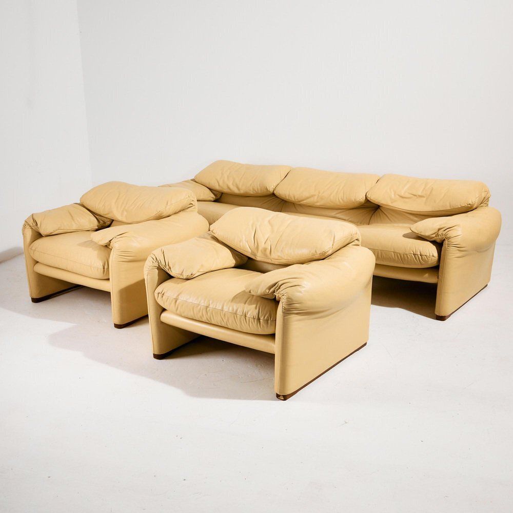 Maralunga Leather Seating By Vico Magistretti For Cassina, Set Of 3