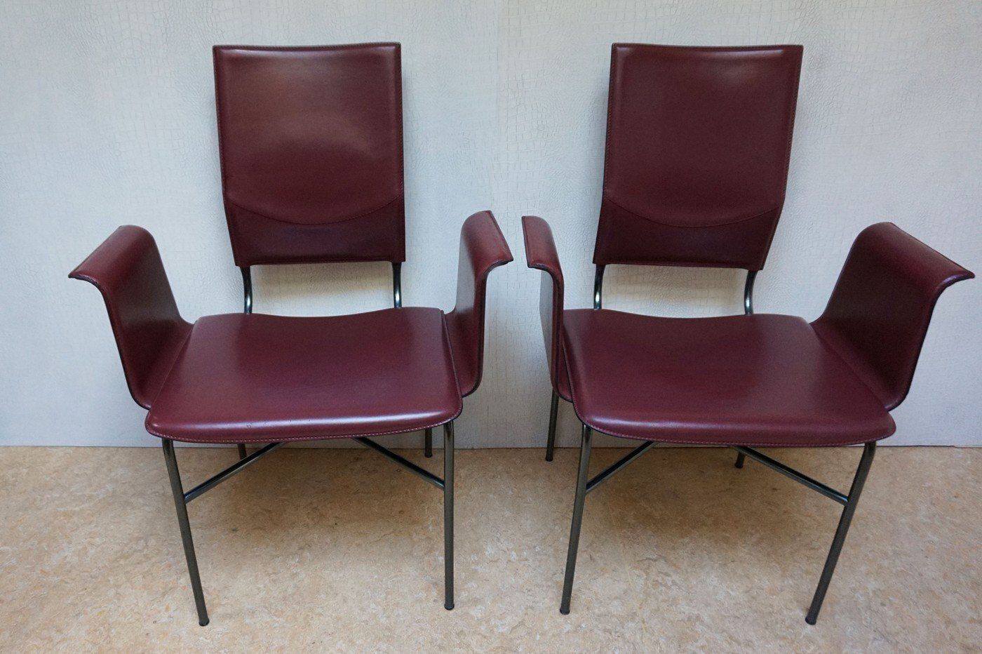 Armchairs In Bordeaux Red Leather By Ross Littell For Matteo Grassi, Steel, Italy, 1980s, Set Of 2