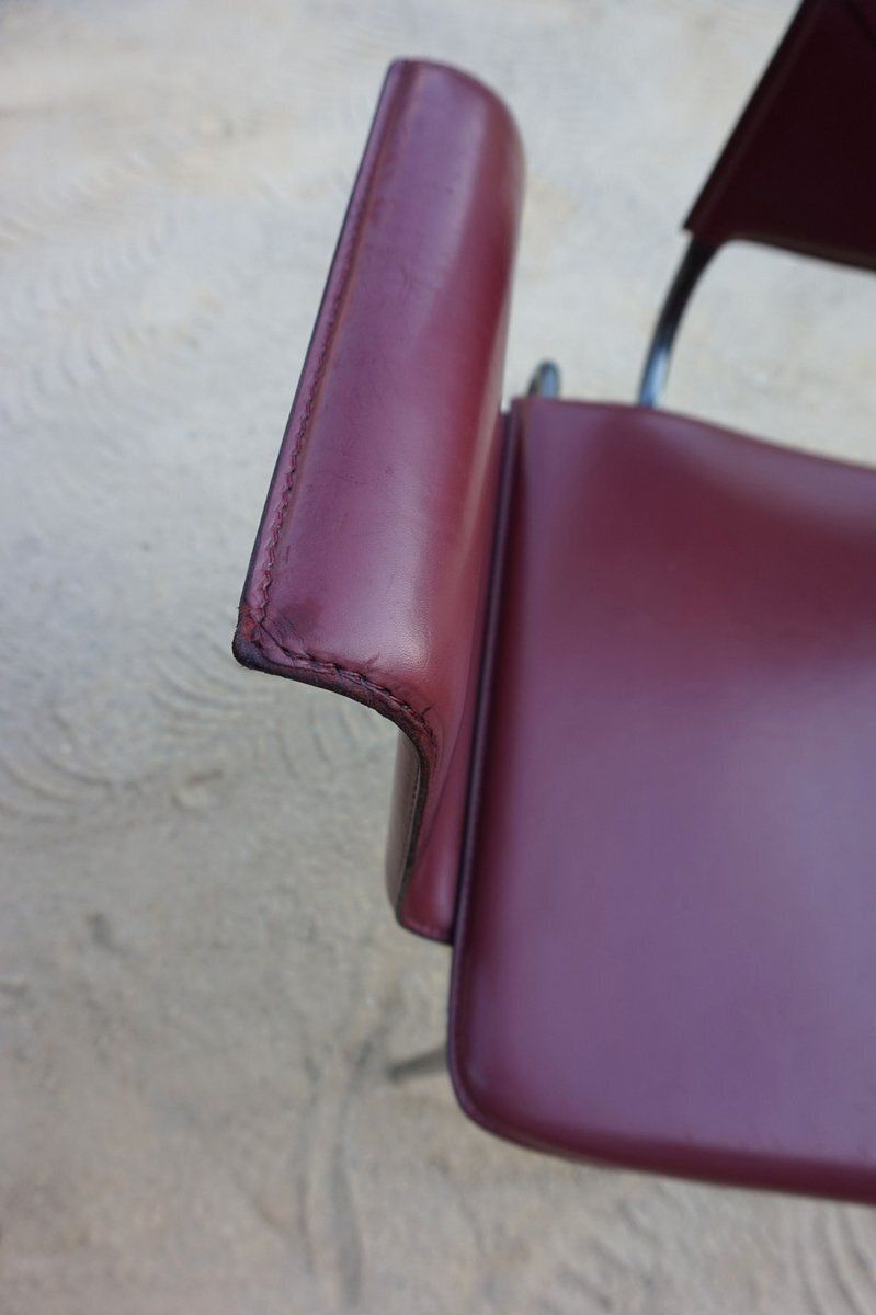 photo vinterior Armchairs In Bordeaux Red Leather By Ross Littell For Matteo Grassi, Steel, Italy, 1980s, Set Of 2