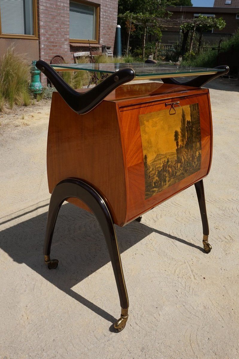 Mid Century Modern Italian Cocktail Bar Cart Cabinet Attributed To Cesare Lacca, 1960s