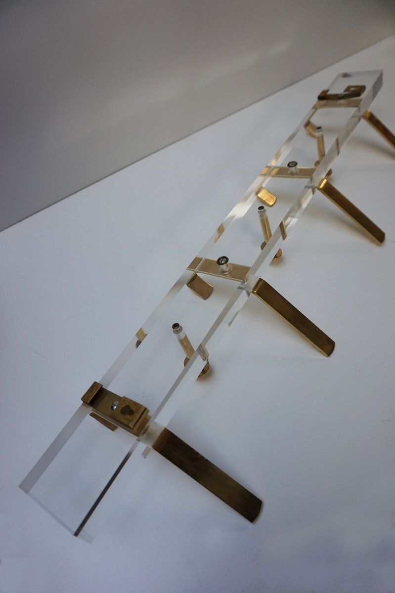 photo for sale Hollywood Regency Acrylic Glass And Brass Wall Coat Rack, 1970s
